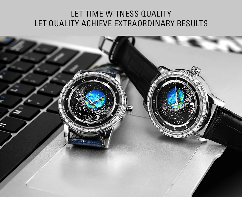 2026 FORSINING Design Earth Star Moon Set With Diamonds Genuine Belt Men Mechanical Automatic Watch Waterproof For Business
