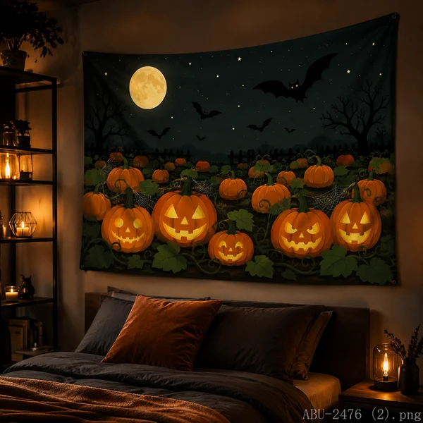 VIKAMA Lantern Pumpkin Field Tapestry Full Moon Bat Starry Sky Wall Hanging Cute Spooky Halloween Bedroom Decor