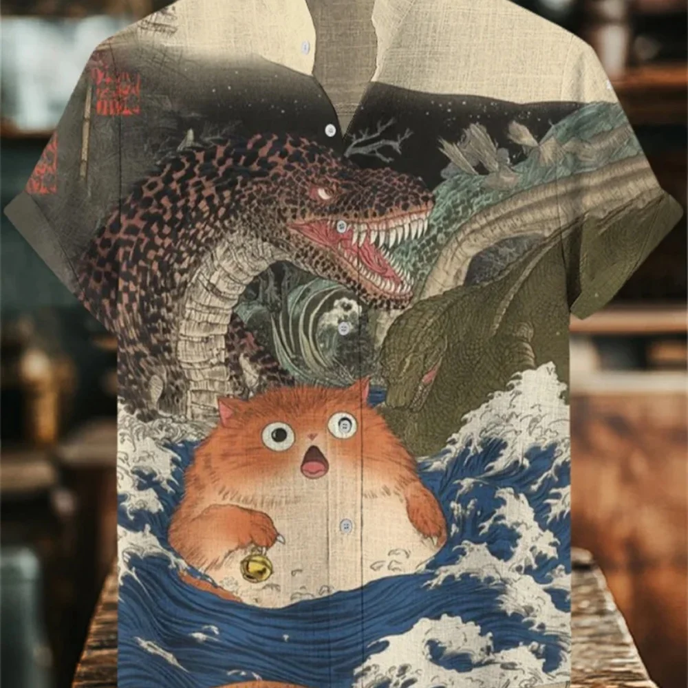 

Men's Fashionable Stand up Collar Animal Print Linen Shirt Short Sleeved Hawaiian Casual Vacation Wear Fast Shipping