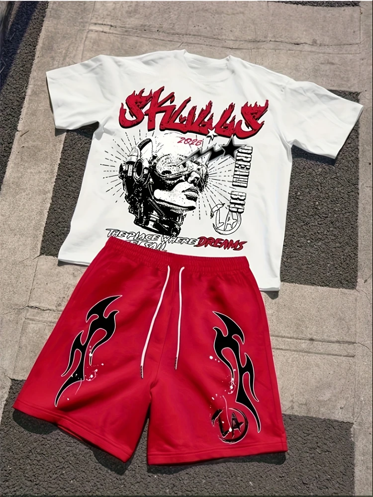 2026 New Spring American Hip-hop Style Men's Round-neck Top And Casual Shorts, Street Fashion Trend Men's Short-sleeved 2pcs Set