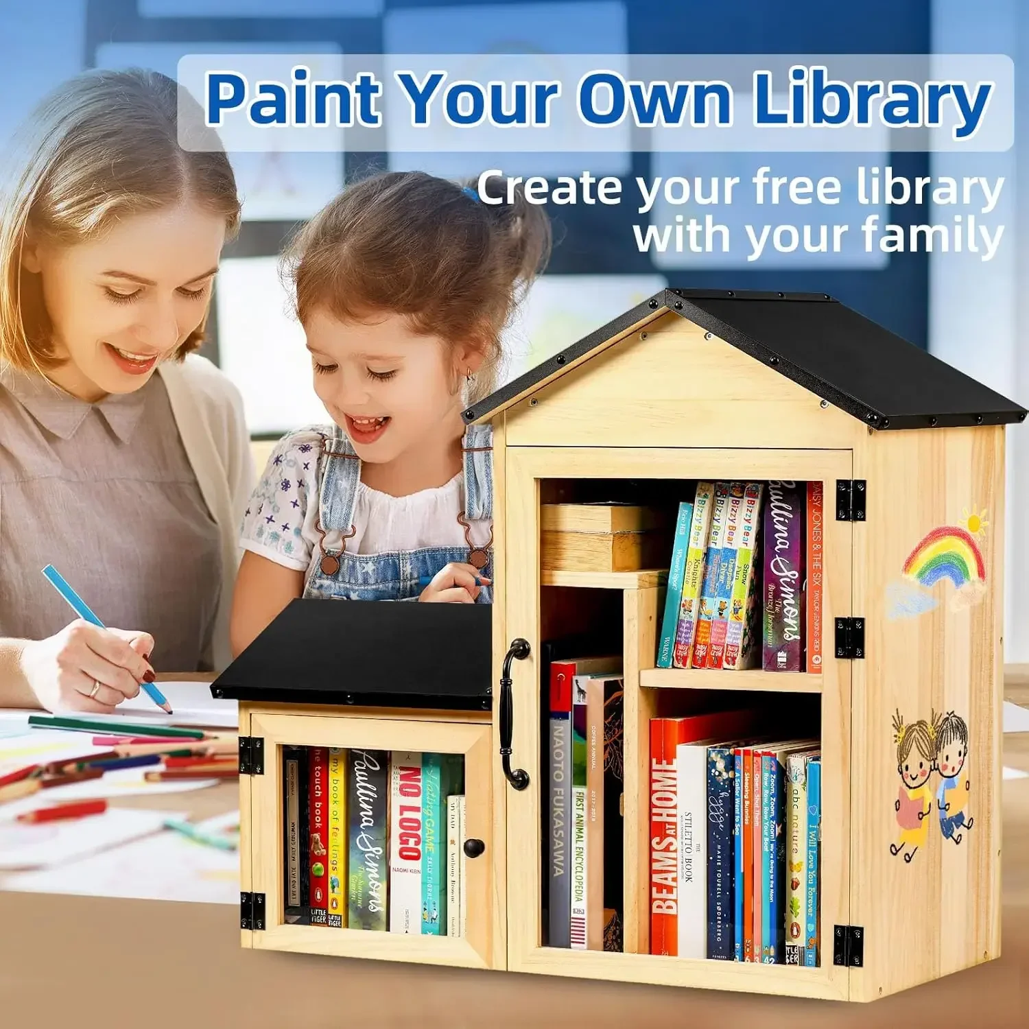 Little Library Box Outdoor, Double Little Library Design with Adjustable Shelf and Large & Small Compartments, Solid Wood with W
