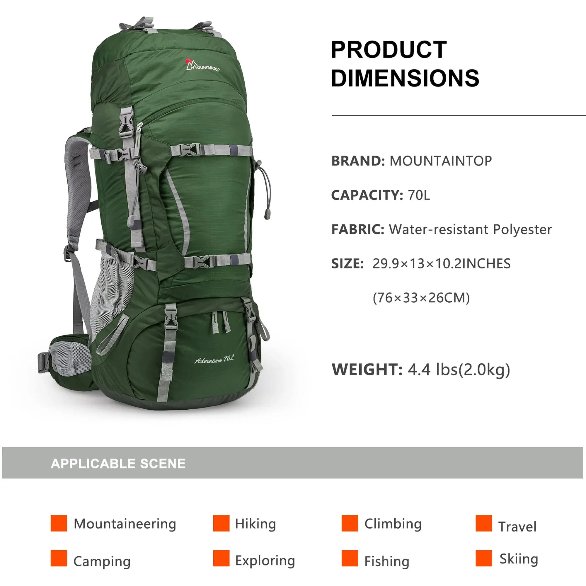 MOUNTAINTOP Camping Backpack for Men Hiking Bag Sports 70L with Rain Cover Travel Climbing Trekking bags Internal Frame Backpack