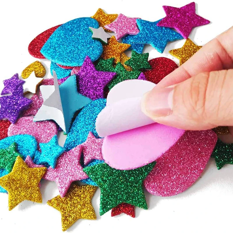 50-250pcs Colorful Glitter Foam Stickers Self Adhesive Stars Hearts Kid\'s Arts Craft Supplies Greeting Cards Home Decoration Toy