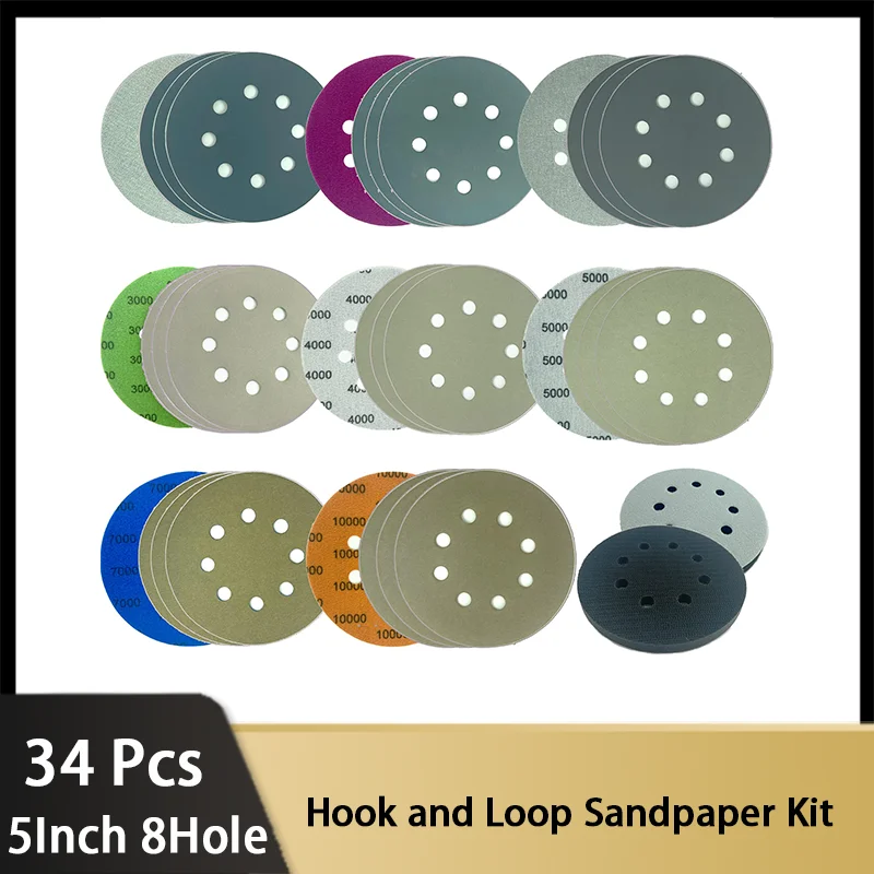 5 Inch 8 Hole Hook and Loop Sandpaper Kit  34 Pcs 1500-10000 Grits Wet Dry Sanding Paper with Interface Pads for Random Orbital