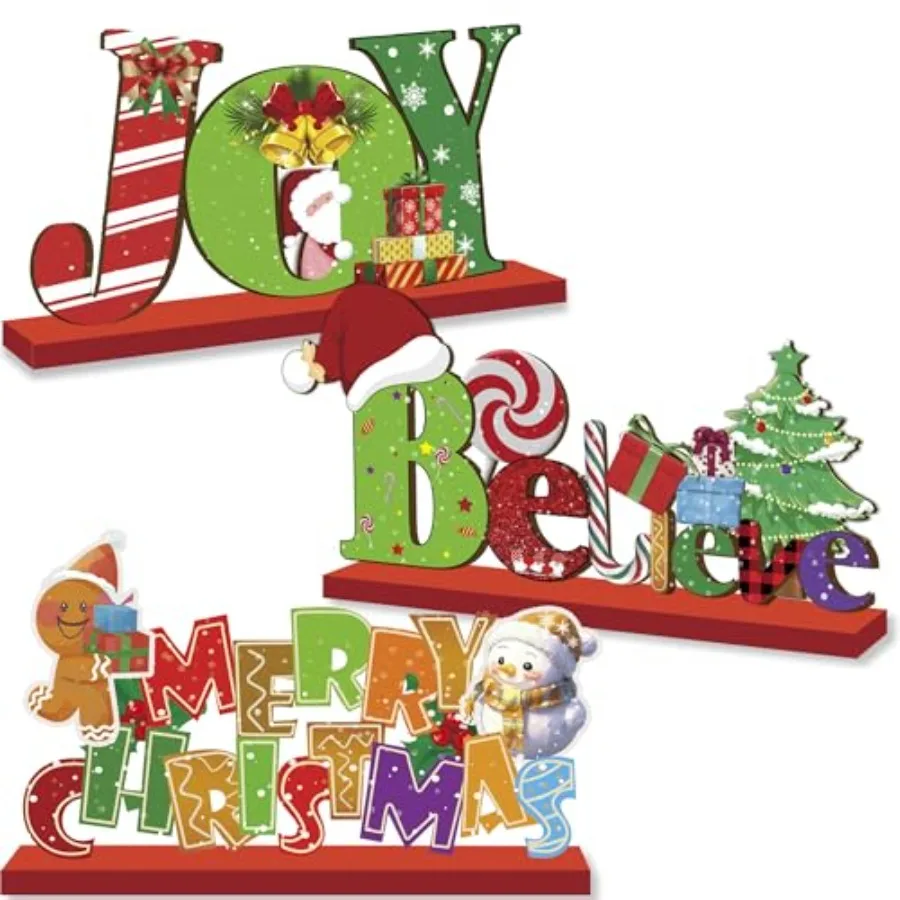 3Pcs Christmas Table Decorations Merry Christmas Tabletop Wooden Sign and Blieve Sign Joy Wood Sign Centerpiece Table Decoratio