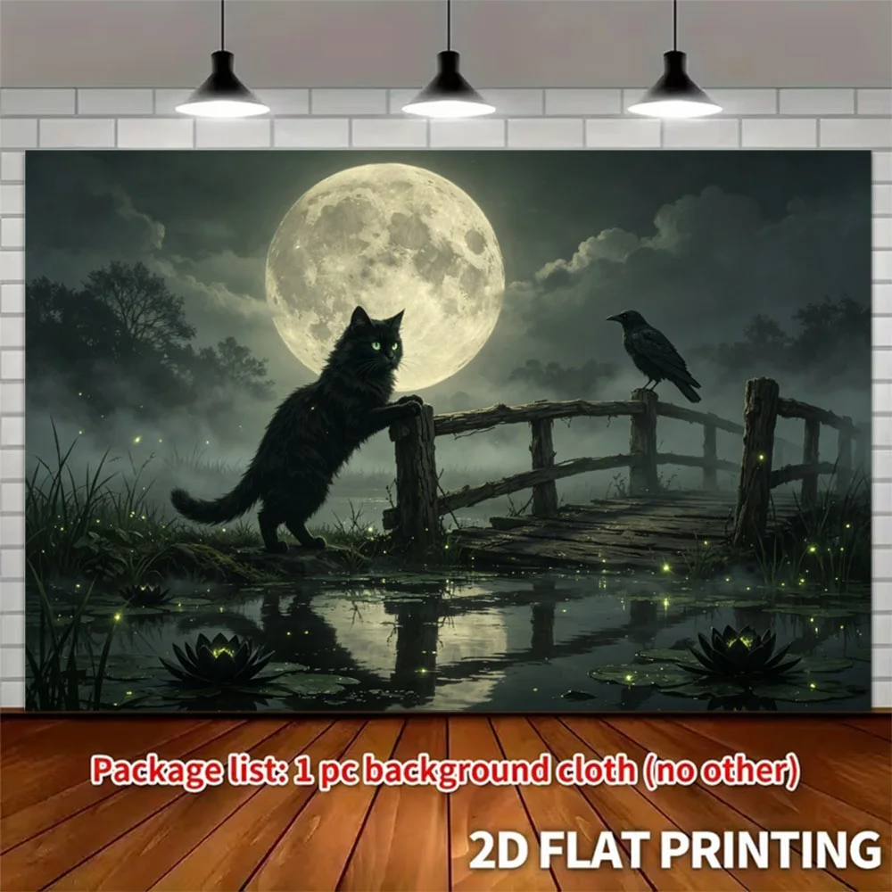 Mystical Moonlit Night Black Cat And Crow Print Tapestry Spooky Enchanting Halloween Backdrop Banner With MultiSize Options 60 X