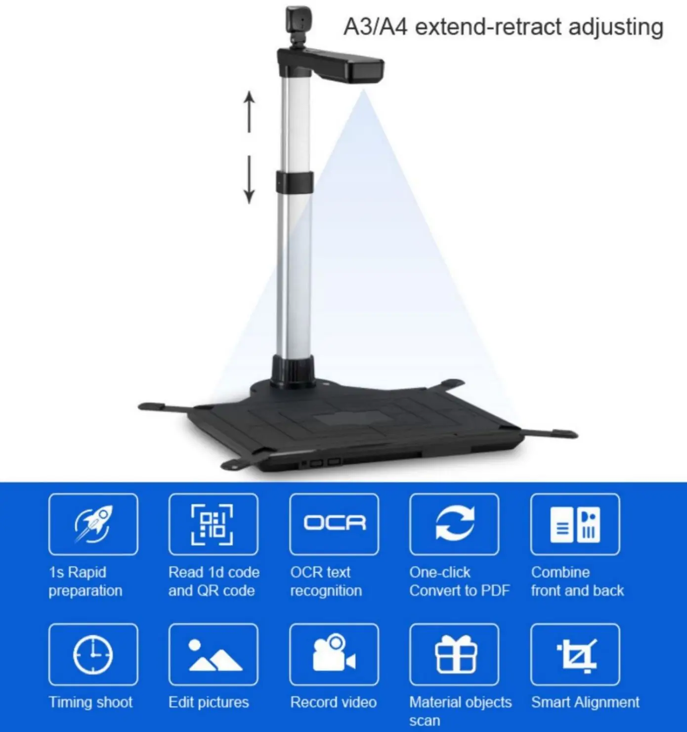 10MP+2MP Dual Lens Document Scanner SDK Support 360-degree Rotation 1 Second Scan Speed Professional Document Camera TWAIN C#