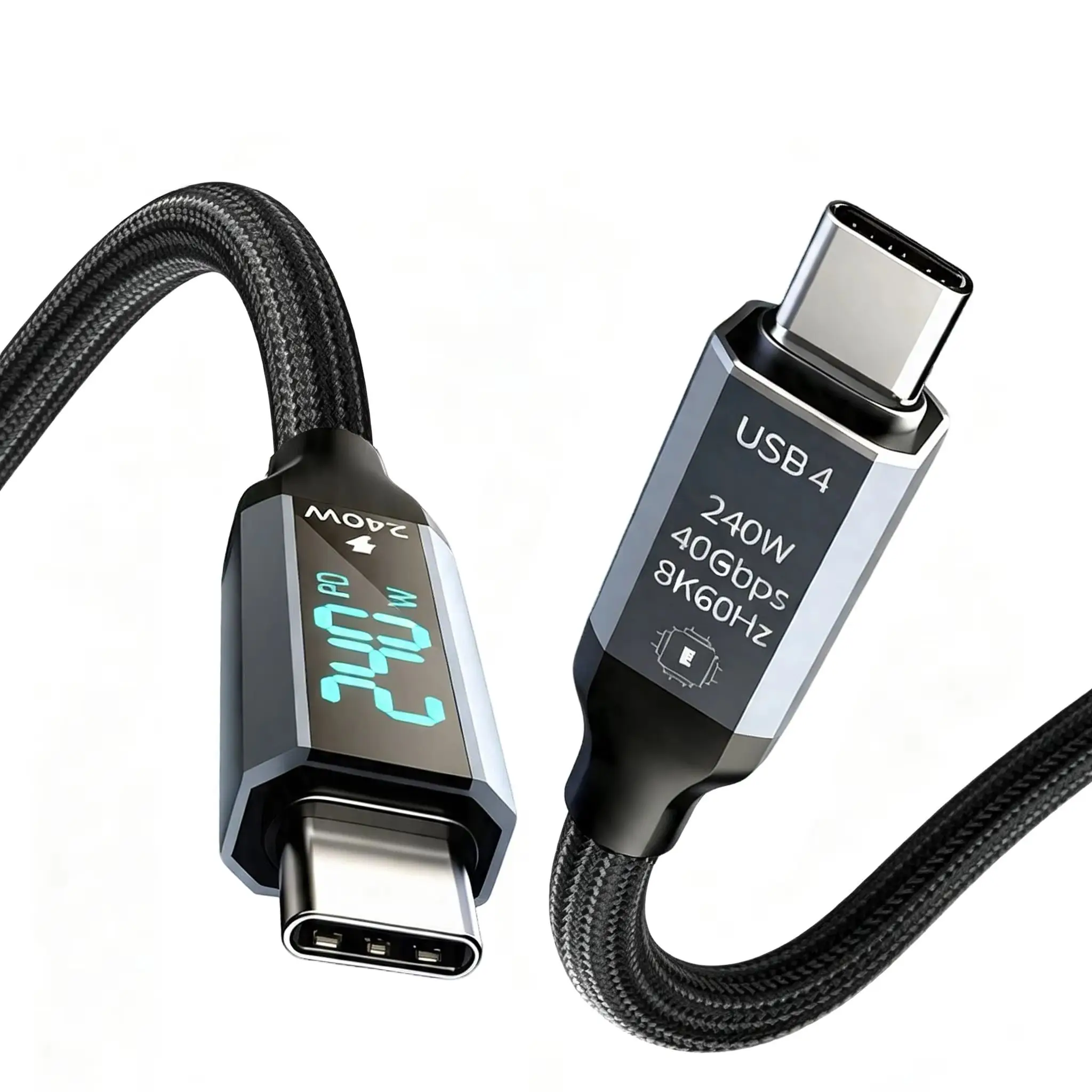 USB4 Cable with Real-Time LED Power Display 240W PD3.1 Fast Charging 40Gbps Data Transfer 8K@60Hz Video USB C to C Braided Cord