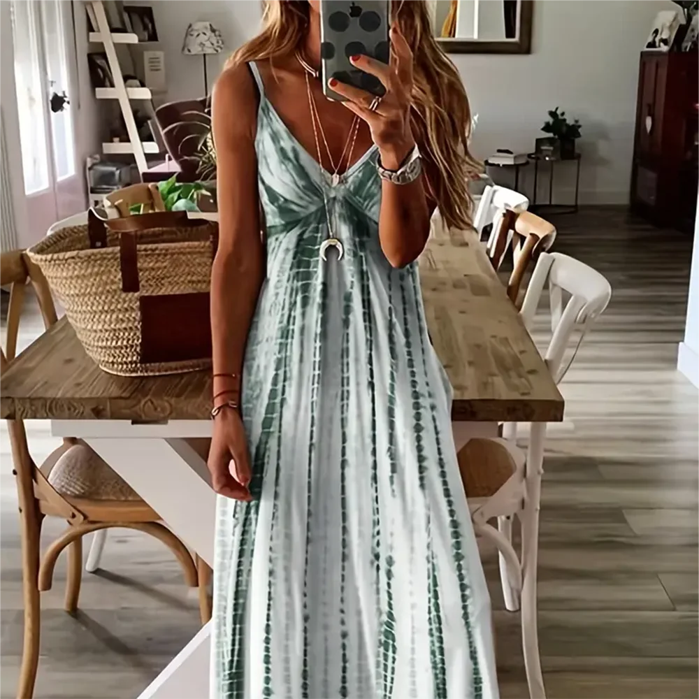 Sexy Maxikleid mit Grafikdruck, hoher Taille und V-Ausschnitt für Damen – Detail 6