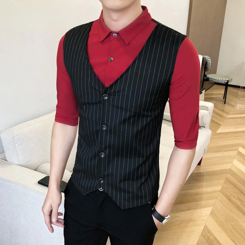 

Korean Style Slim Fake Two Pieces Three Quarter Sleeves Shirt Men Summer New Quality Wash And Wear Smooth Camisa Masculina M-5XL