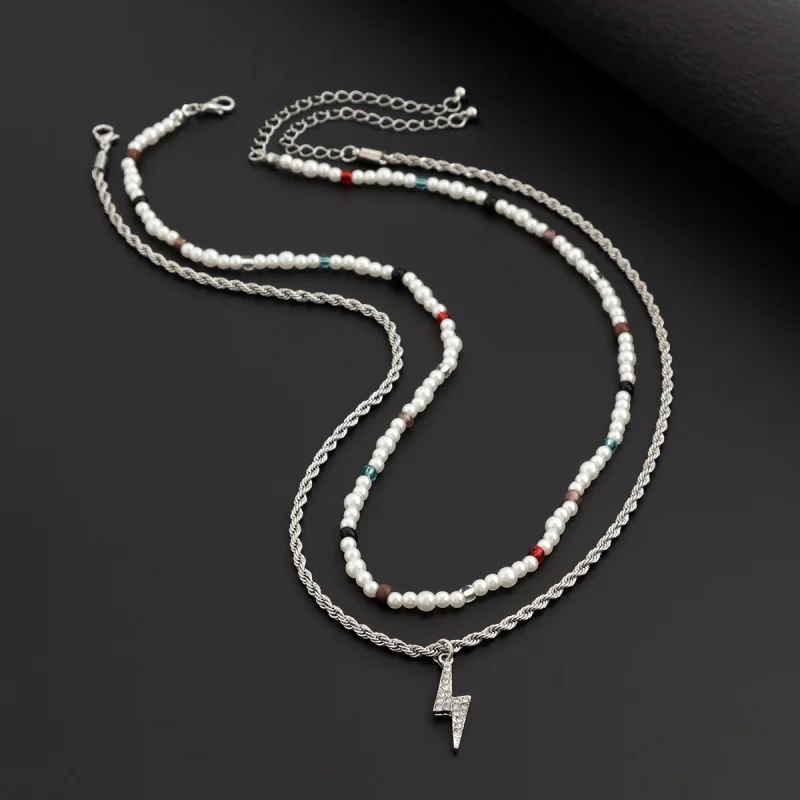 Unisex Pearl and Bolt Layered Necklace Multi Strand Chain CZ Pave Thunder Pendant Gender Neutral