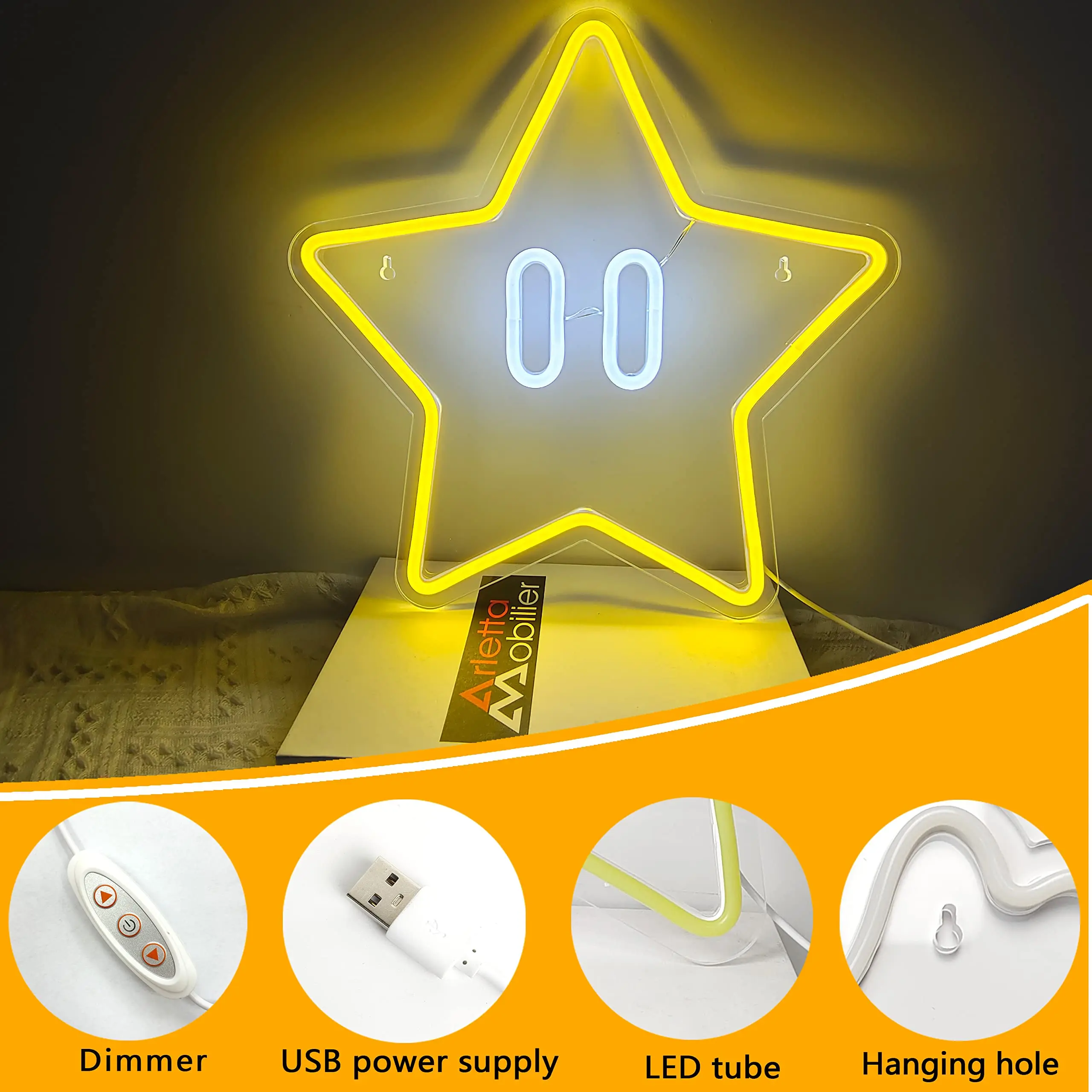 Enseigne au néon étoile pour décor de salle de jeu, enseigne au néon de jeu, USB 62, dimmable, super étoile, enseigne lumineuse LED pour garçons,