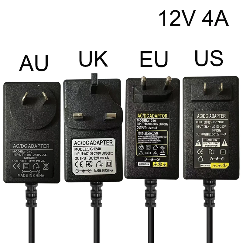 Full Power 12V 4A Power Supply Adapter US EU AU UK Plug in AC/DC Converter 100-240V AC to DC 12V 48W 4000mA Charger For CCTV LED