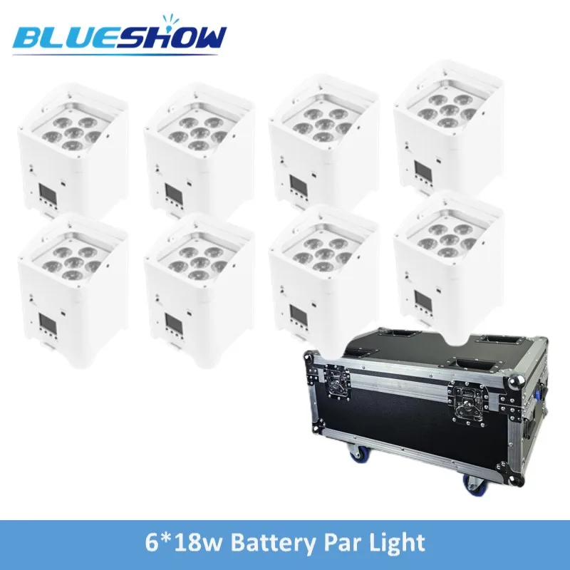 8pcs LED Battery Powered Par Light 6x18W RGBWAUV 6IN1 with Flightcase Remote Control Portable Par LED Stage Effect