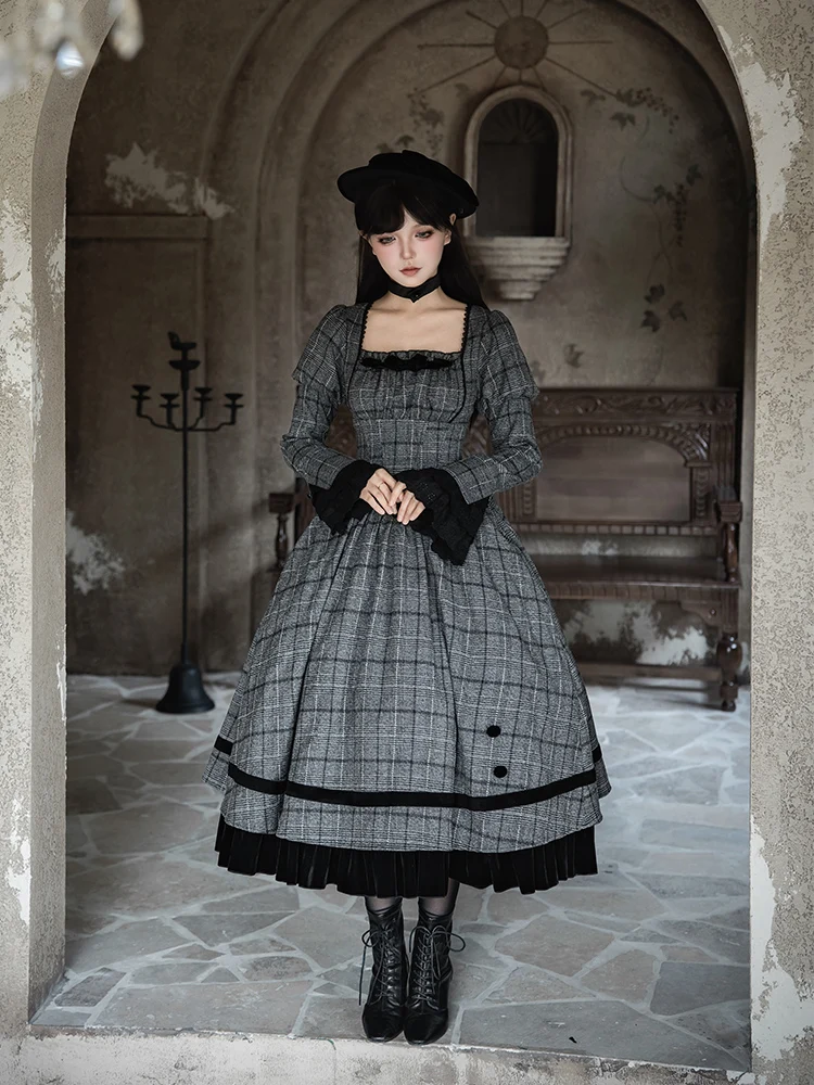 Japonais Lolita doux mignon Plaid arête de poisson poitrine soutien OP robe double vêtements 2025 automne Rojita minceur robes taille haute