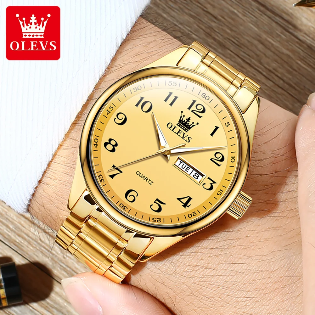 OLEVS 5567 Top Men\'s Watches Waterproof Gold Stainless Steel Watch Strap Quartz Watch Dual Calendar Luminous Fashion Wristwatch