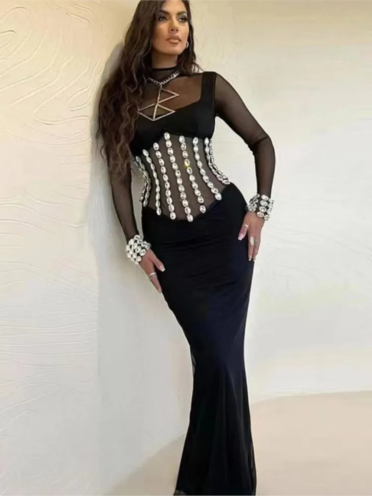 

Hot Style Sparkling Rhinestone Sexy Perspective Tight Fitting Fashionable And Spicy Party Dinner Dress