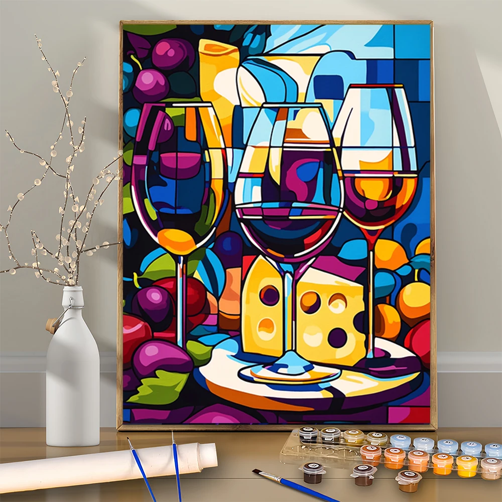 1 قطعة كرنفال النبيذ والجبن الملونة لتقوم بها بنفسك طقم الطلاء الرقمي الاكريليك للمبتدئين إطار ديكور جدران المنزل غير المدرجة #1