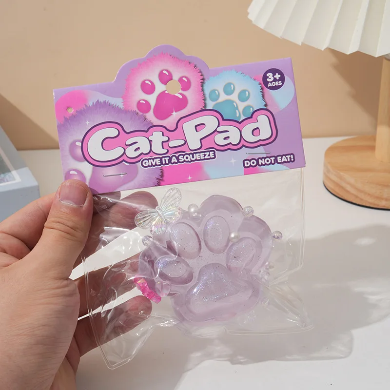 Cute Glitter Transparent Bow Cat Paw Slow Rebound Squeeze Toys Cartoon Soft Squishy Cat Claw Sticky Pinch Sensory Toy Kids Gifts
