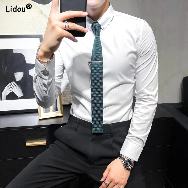 

Solid Handsome Button Turn-down Collar White Grey Shirts Temperament Spring Summer Formal Business Casual Fashion Men's Clothing