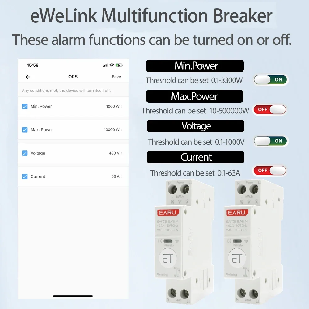 TUYA eWeLink WiFi Smart Circuit Breaker MCB 1-63A Adjustable Power Energy kWh Voltage Current Meter Protector Time Relay Switch