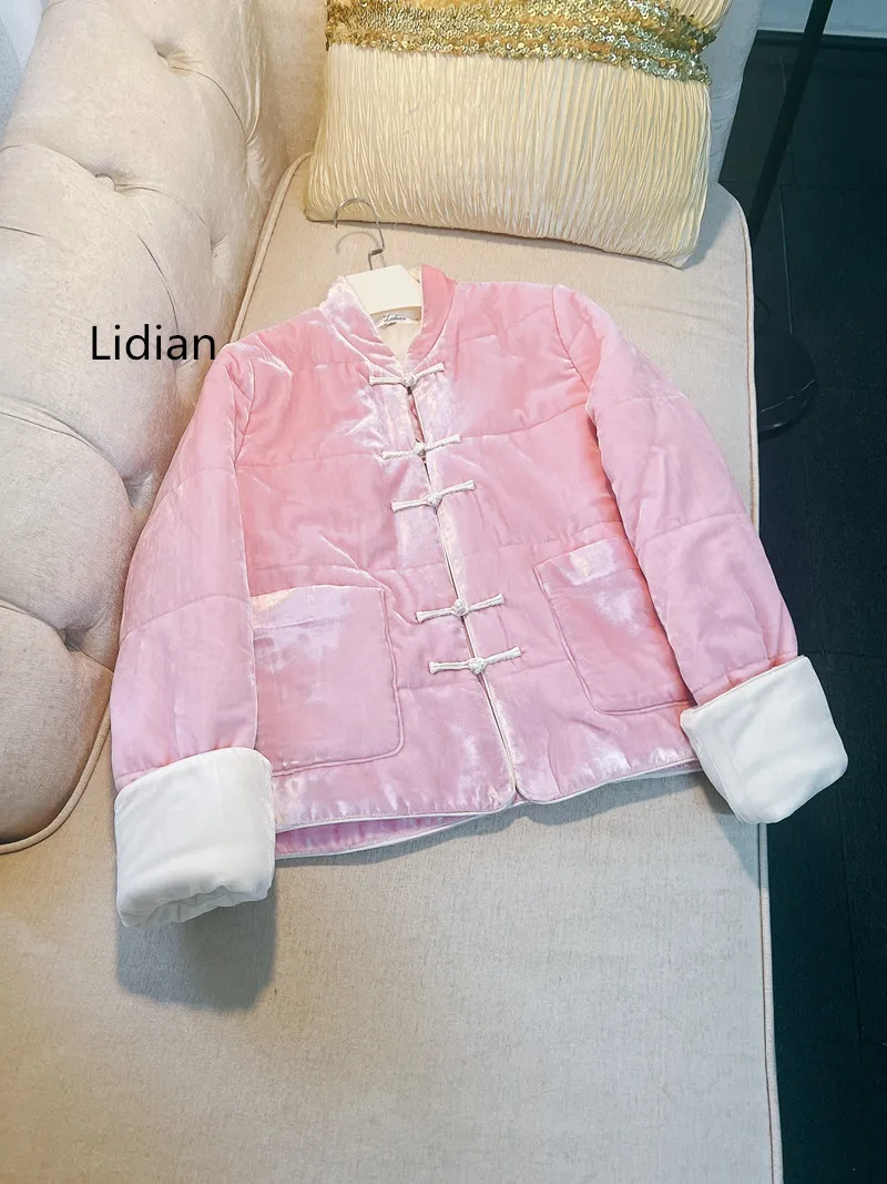 Lidian Women Chinese Style Coat New Year Tang Top Pink Velvet Cotton Padded Coat Thick Outerwear