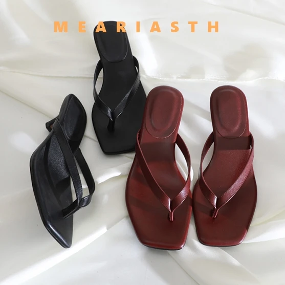 

2025 Fashion black leather Thin Heels Slippers Women Round Clip Toe Slides Sandals Summer Flip Flops Female Shoes Mules Slides