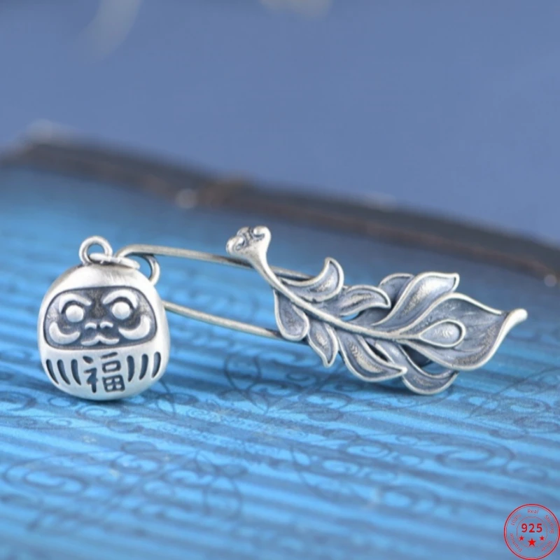 

S925 Sterling Silver Brooches for Women New Women's Fashion Vintage Feather Chinese FU Letter Pin Corsage Jewelry Wholesale