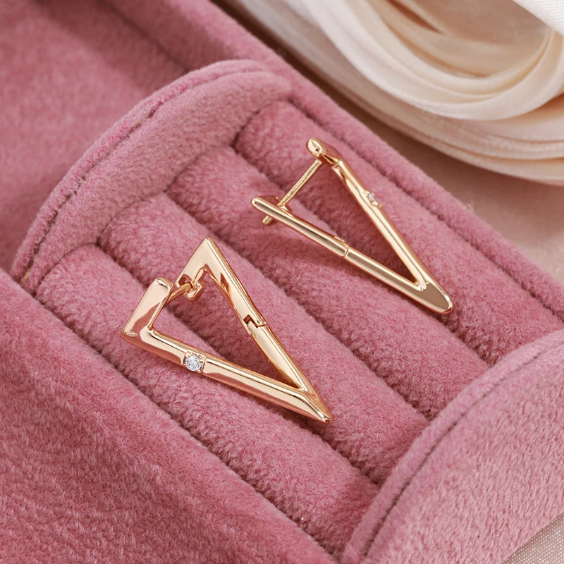 SYOUJYO Triangular Geometry Glossy Simple Dangle Earrings For Women Natural Zircon Fine Jewelry 585 Rose Gold Color Drop Earring