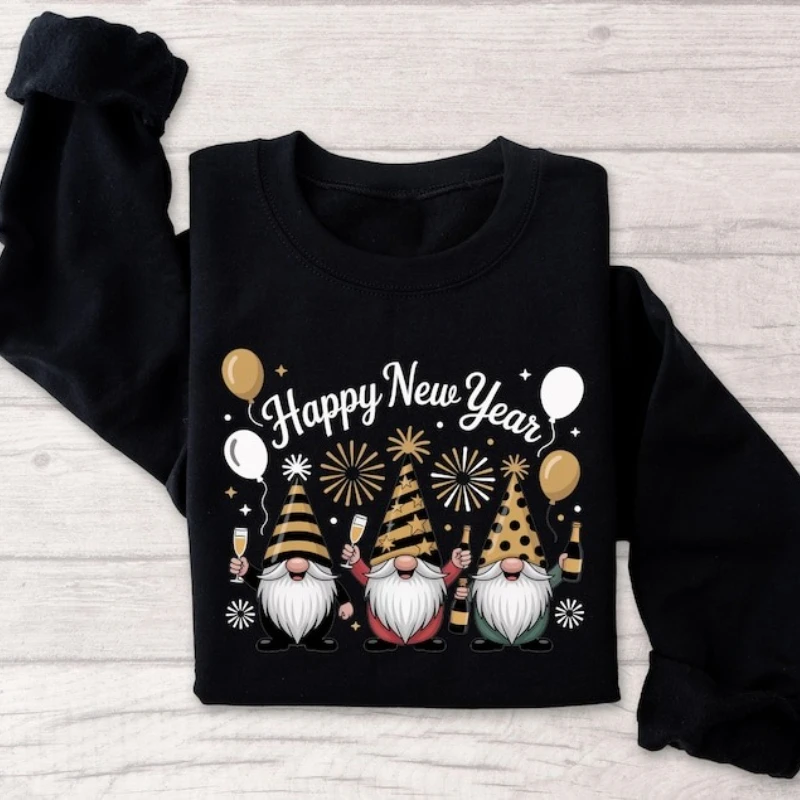 เสื้อสเวตเชิ้ตปีใหม่ลายโนมส์ งานปาร์ตี้ ฉลองวันหยุด เสื้อพูลโอเวอร์ลายโนมส์ตลก แชมเปญ แฟชั่นสตรีทแวร์ เสื้อสเวตเชิ้ตผู้หญิง