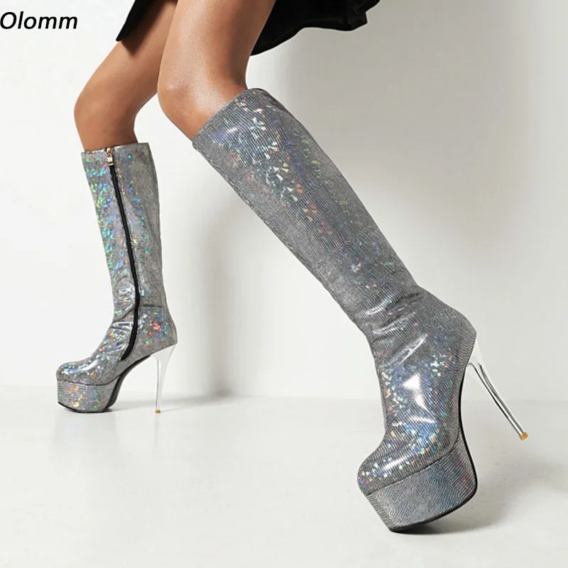 

Olomm Women Winter Knee Boots Sexy Stiletto Heels Round Toe Beautiful Silver Party Shoes Women Plus US Size 4-10.5