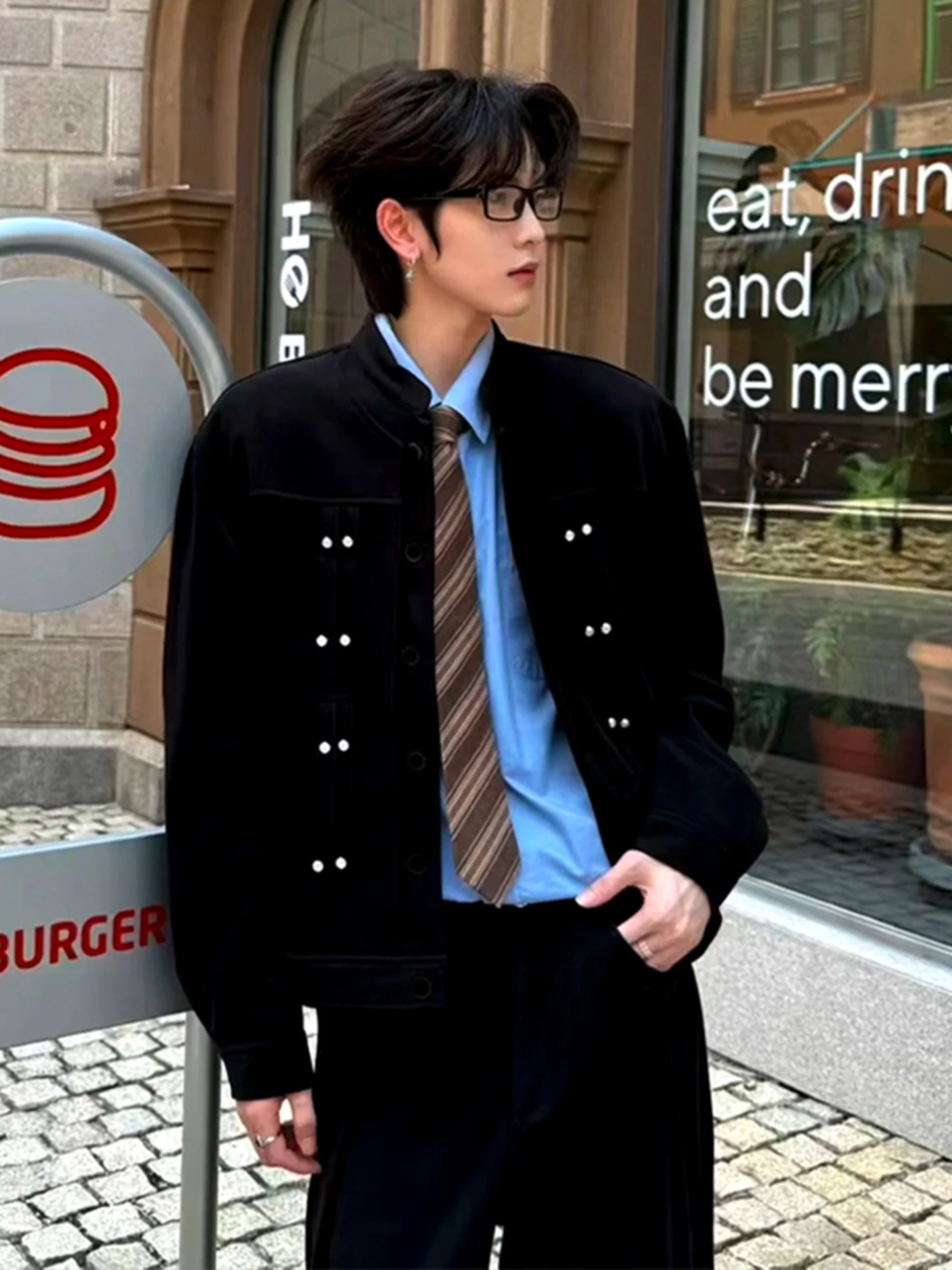 

Bla New Chinese Sle Stand Collar Jaet Men's Autumn Tu Pleated Trendy ort ape Outerwear Cleanfit Outerwear