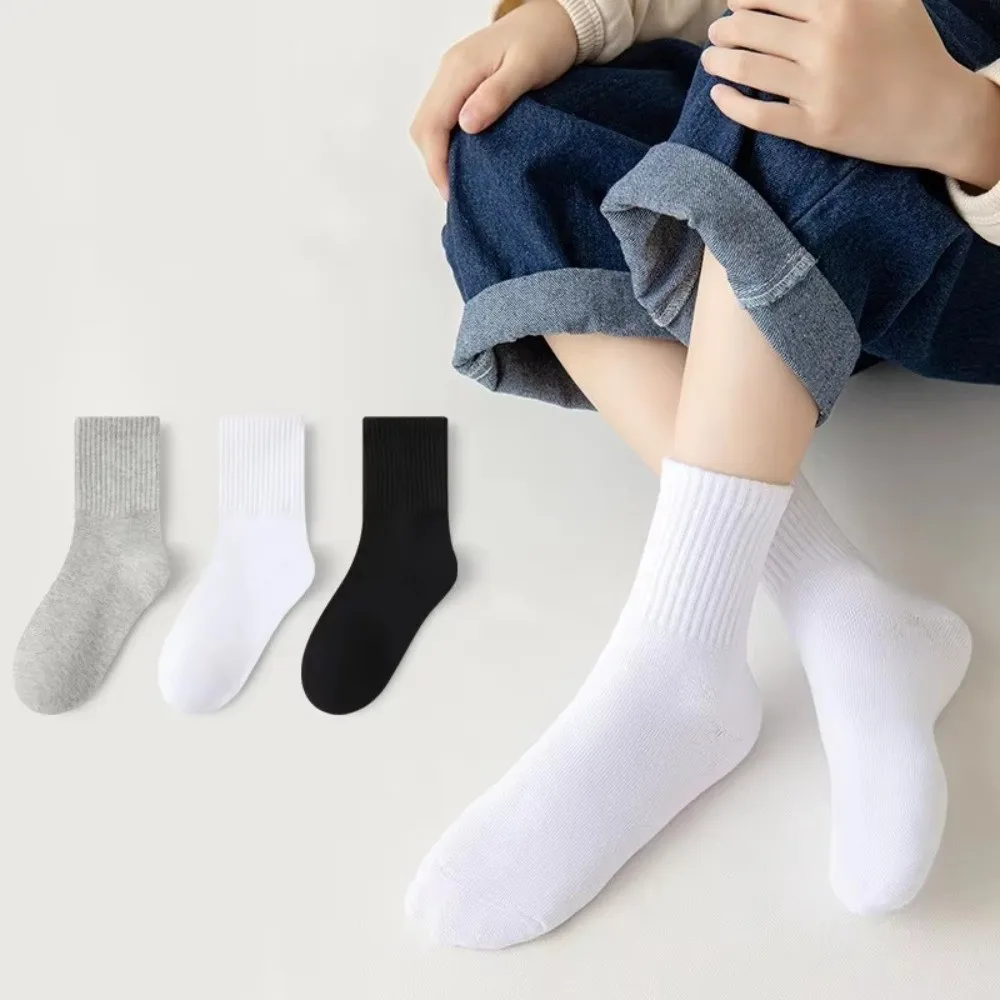 3pairs 3 Pairs Cotton Socks Absorbing Sweat Solid Color Student Socks Soft Breathable Cotton Material Middle Tube Socks