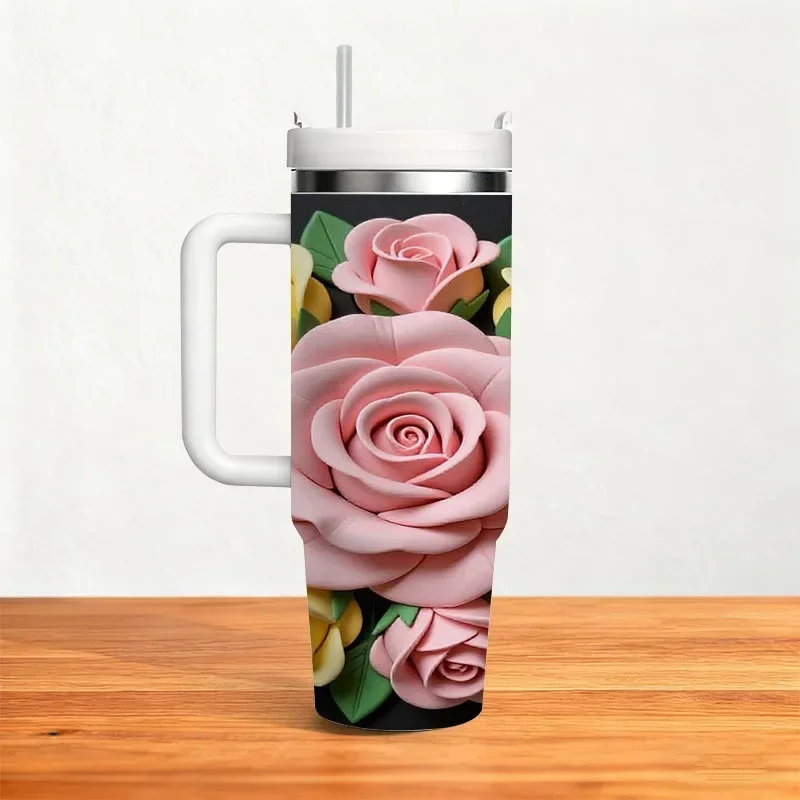 Symmetrical Vibrant Floral Print 40Oz Stainless Steel Insulated Tumbler, Digitally Printed Rose Pattern Drink Container, Portable Heat And Cold Retention Cup for Home Office Outdoor Daily Use