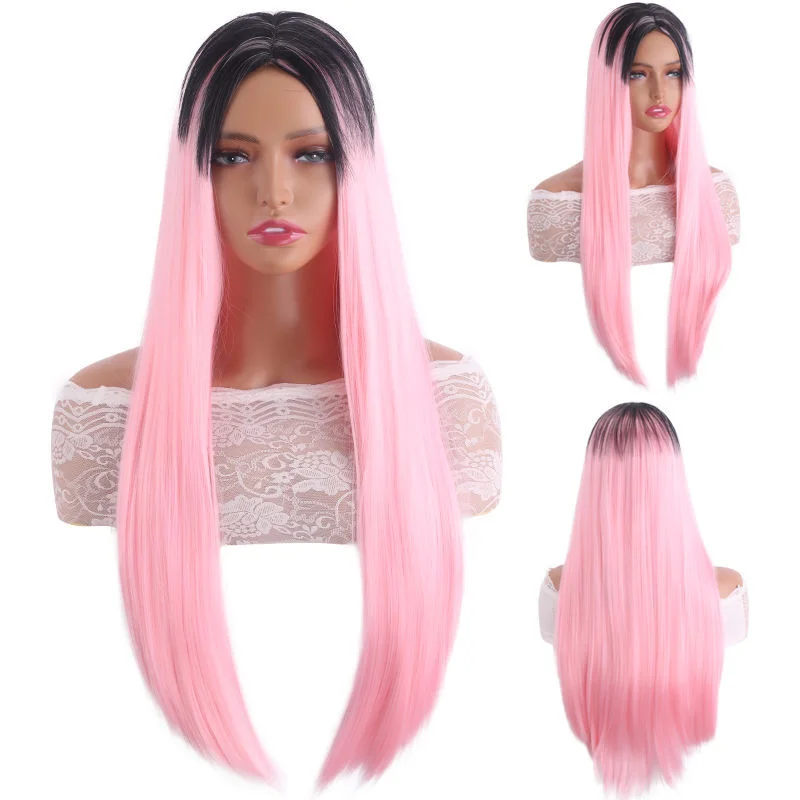 

Women Wig Long Wig Bla&Pink Synthetic Hair Wigs Ladies Straight Wig+Wig Cap