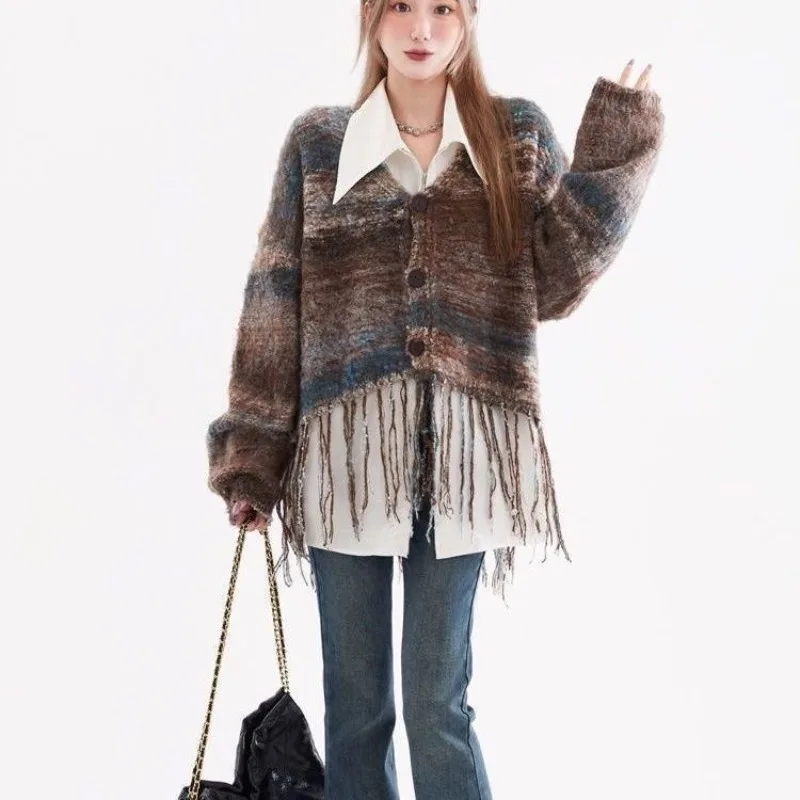 Cardigans Women Tassel Tie Dye Patchwork Long Sleeve Sweaters Knitwear Vintage Retro Coat Boho All-match Korean Style Fashion