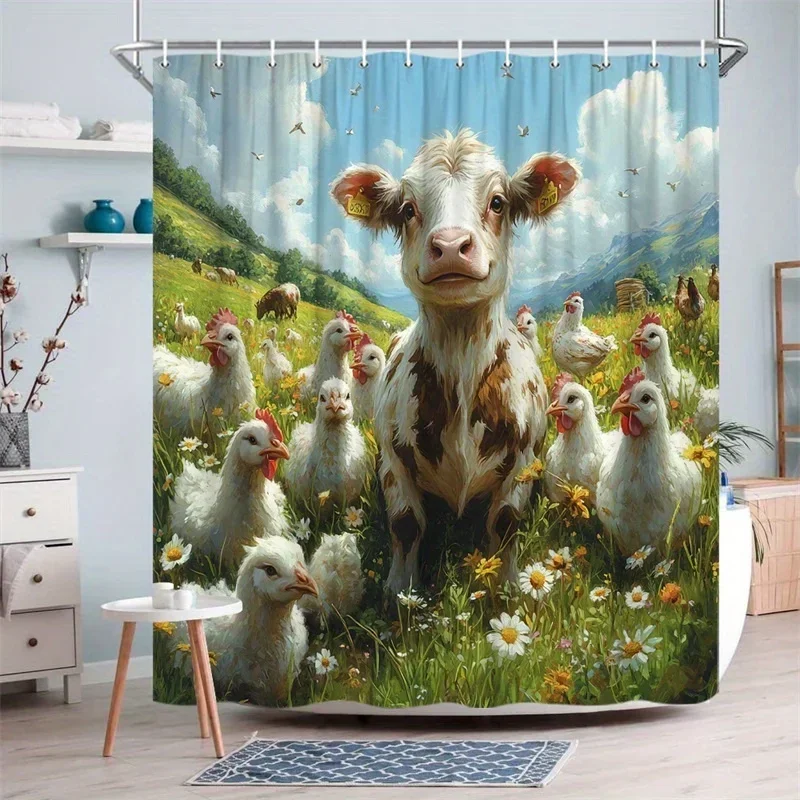 ~O~1pc Cow & Chicken Farm Shower Curtain - Brown & White Cow with Fluffy Chickens in Green Meadow, Blue Sky & Distant Hills Desi