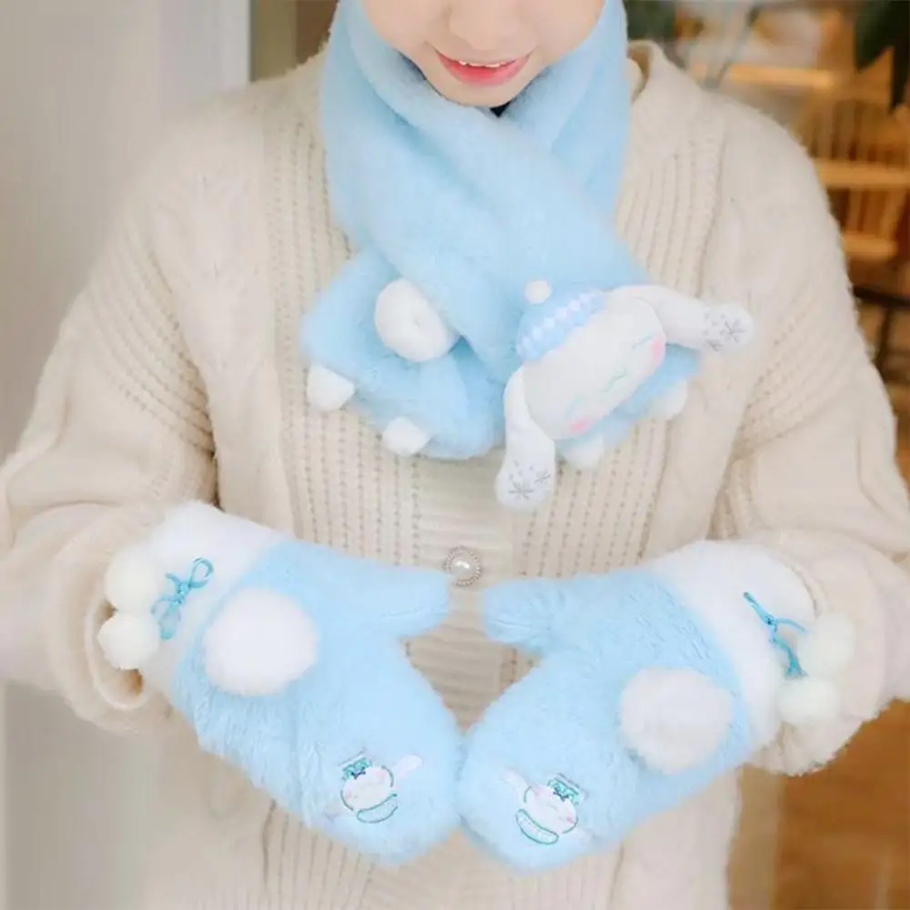 Sanrioed Kawaii Cinnamoroll Plush Scarf Gloves Anime Winter Cartoon Thicken Keep Warm Gloves Girls Cute Christmas Festival Gift