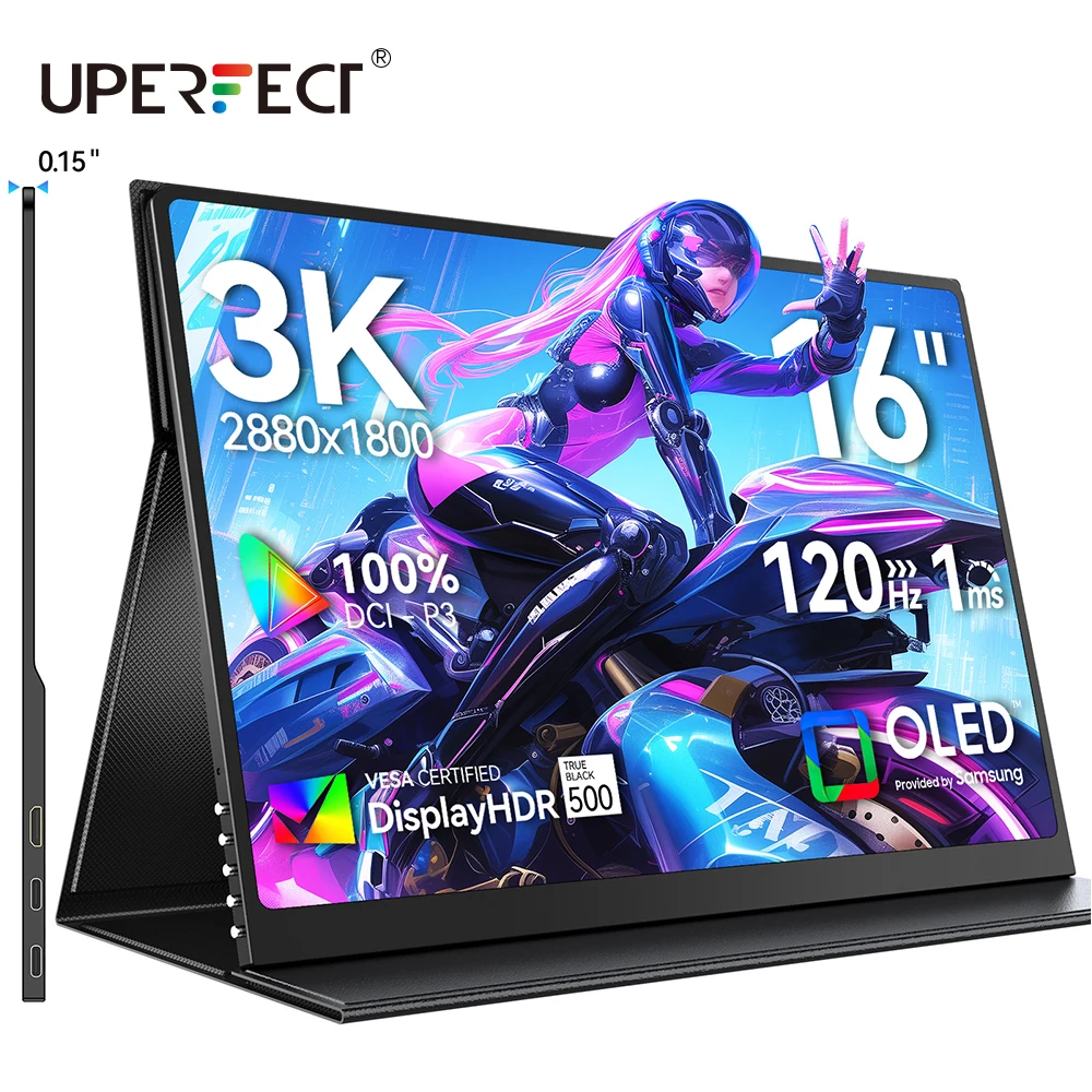 

Портативный монитор UPERFECT OLED 3K 16 дюймов с яркостью 500 нит, 120 Гц, 100% DCI-P3 HDR USB C HDMI для портативного компьютера, игрового дисплея ПК