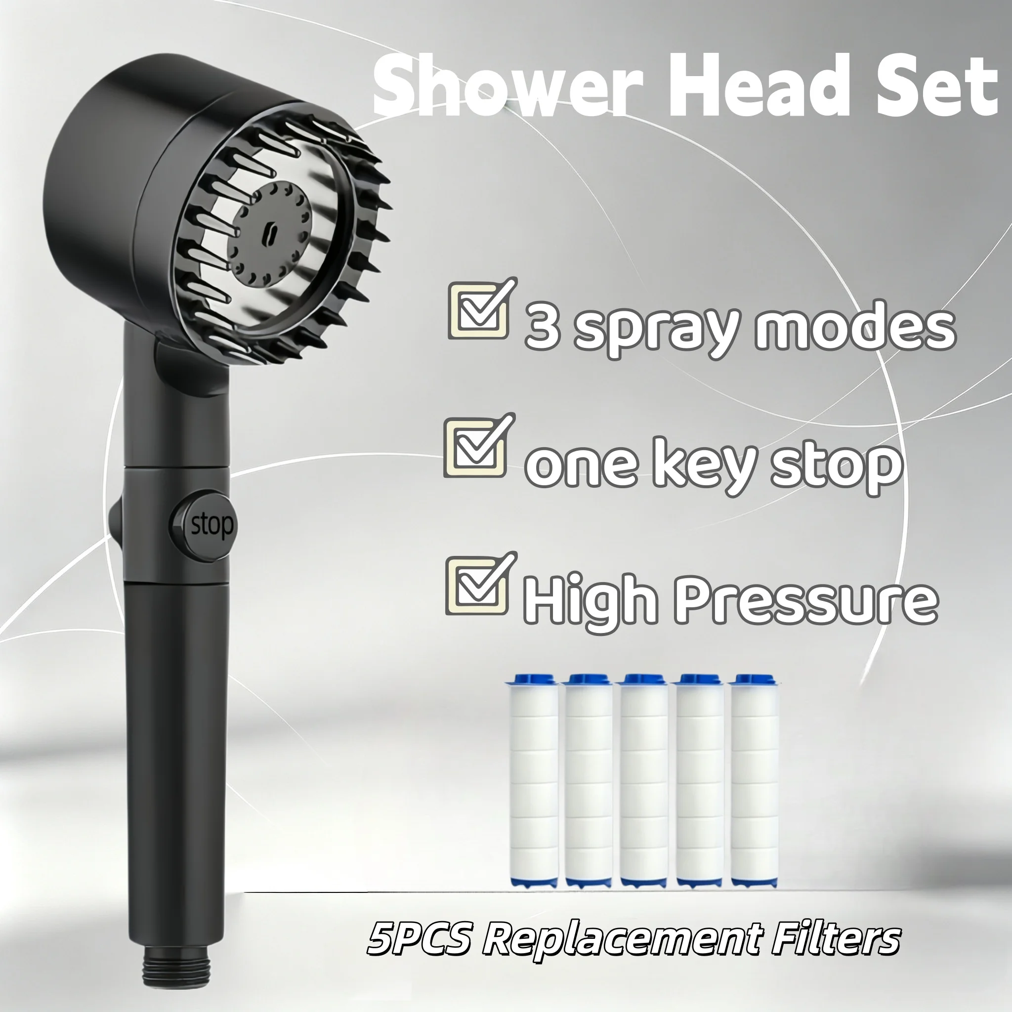High Pressure Shower Head Set with 5 PCS Filters 3 Adjustable Modes One Key Stop Hard Water Filter in Black Gray Purple