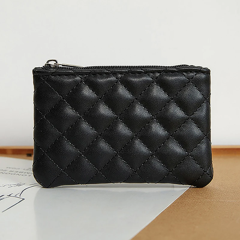 Women's Small Coin Purse PU Leather Zipper Wallet Fashion Slim Pocket Lattice Printed Business Card Holder Organizer Bag