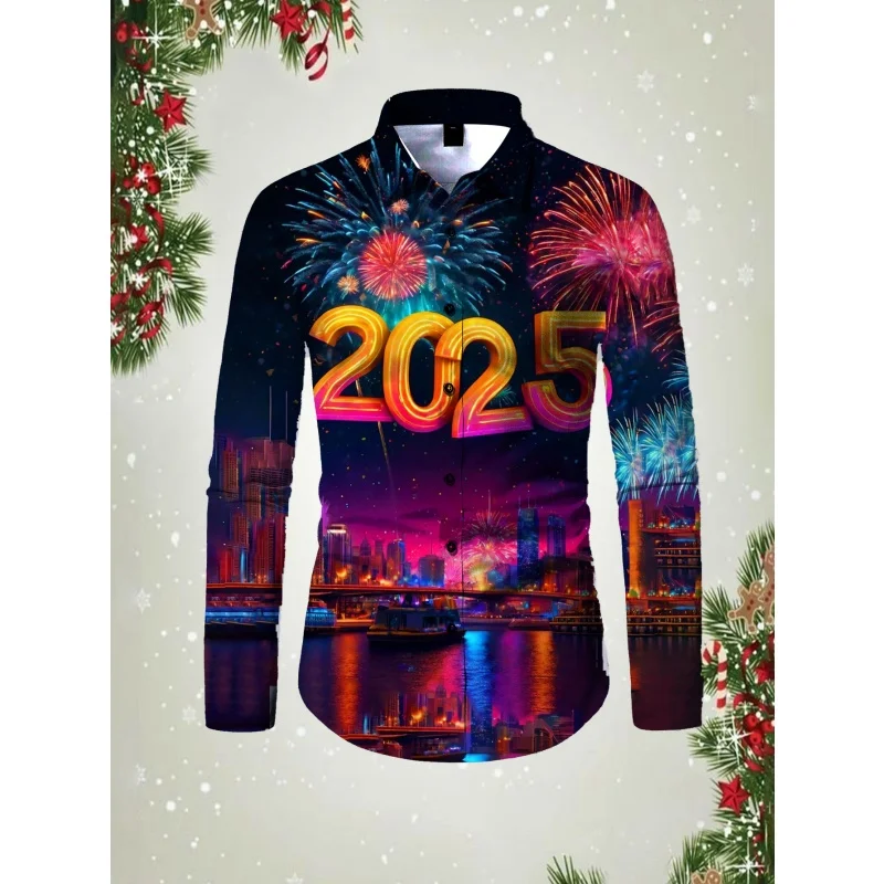

Happy New Year Pattern Hawaiian Shirts For Men Colorful Fireworks 3D Printed Aloha Shirts Casual Loose Long Sleeve Tops Blouses