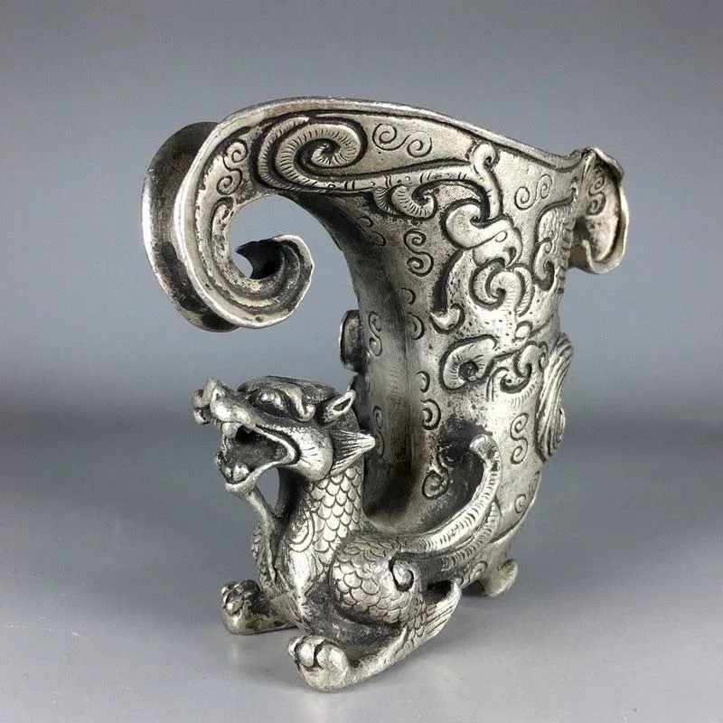 Vintage Carved Dragon Wine Cup Phoenix Ritual Goblet Retro Ornamental Wine Vessel for Home Decor