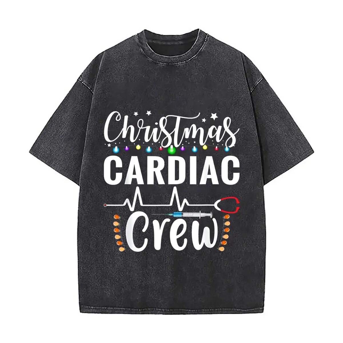 Christmas Cardiac Crew Washed Vintage Short Sleeve Loose Streetwear Tee