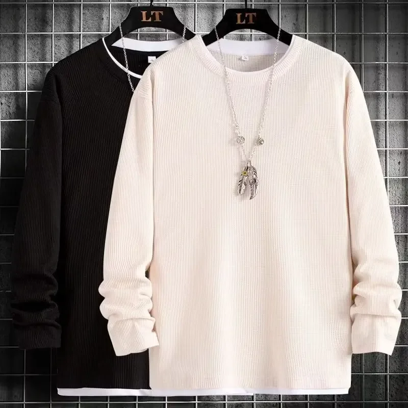 الخريف الشيكات قطعتين الوهم كم طويل البلوز الرجال فضفاضة تناسب الجولة الرقبة ملابس خارجية قاعدة طبقة تي شيرت غير رسمي