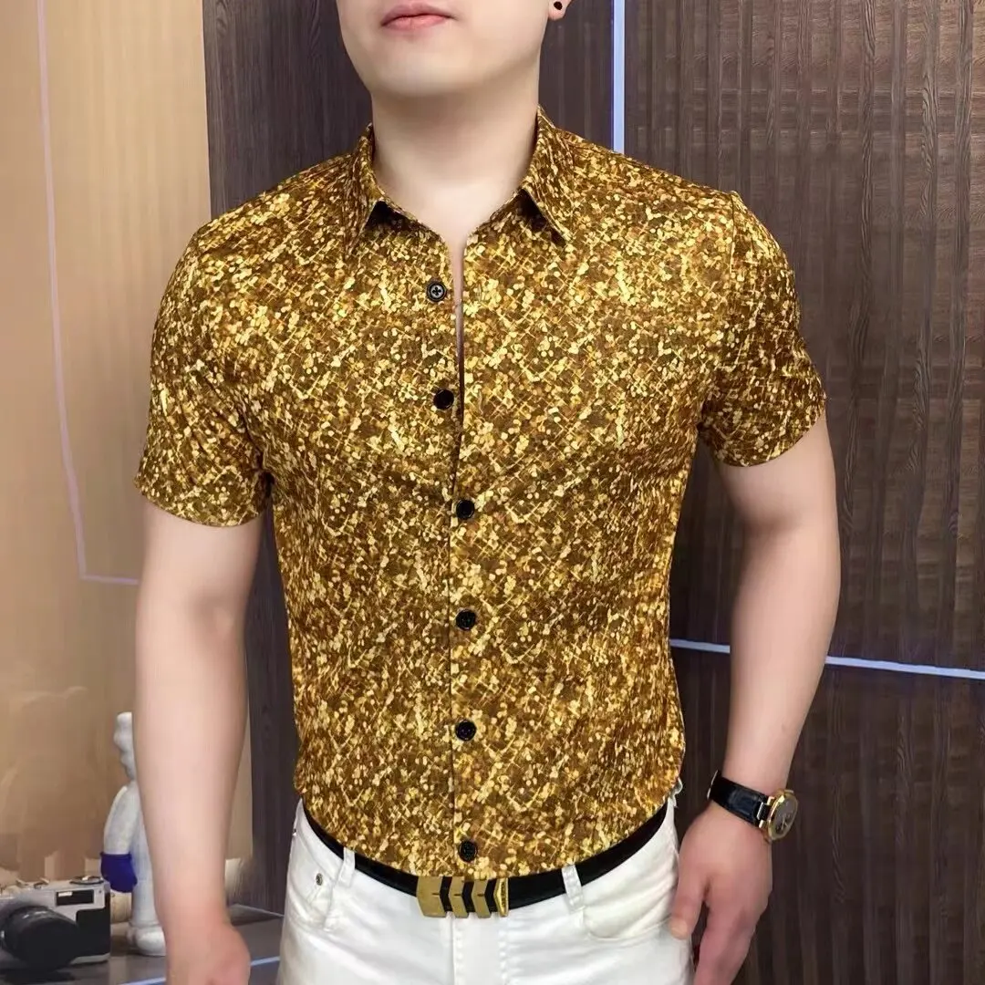 Golden Flower Shirt Men's Summer Stretch Short Sleeve Shirt Men Fashion Casual Business Social Shirts Ice Silk Breathable Top
