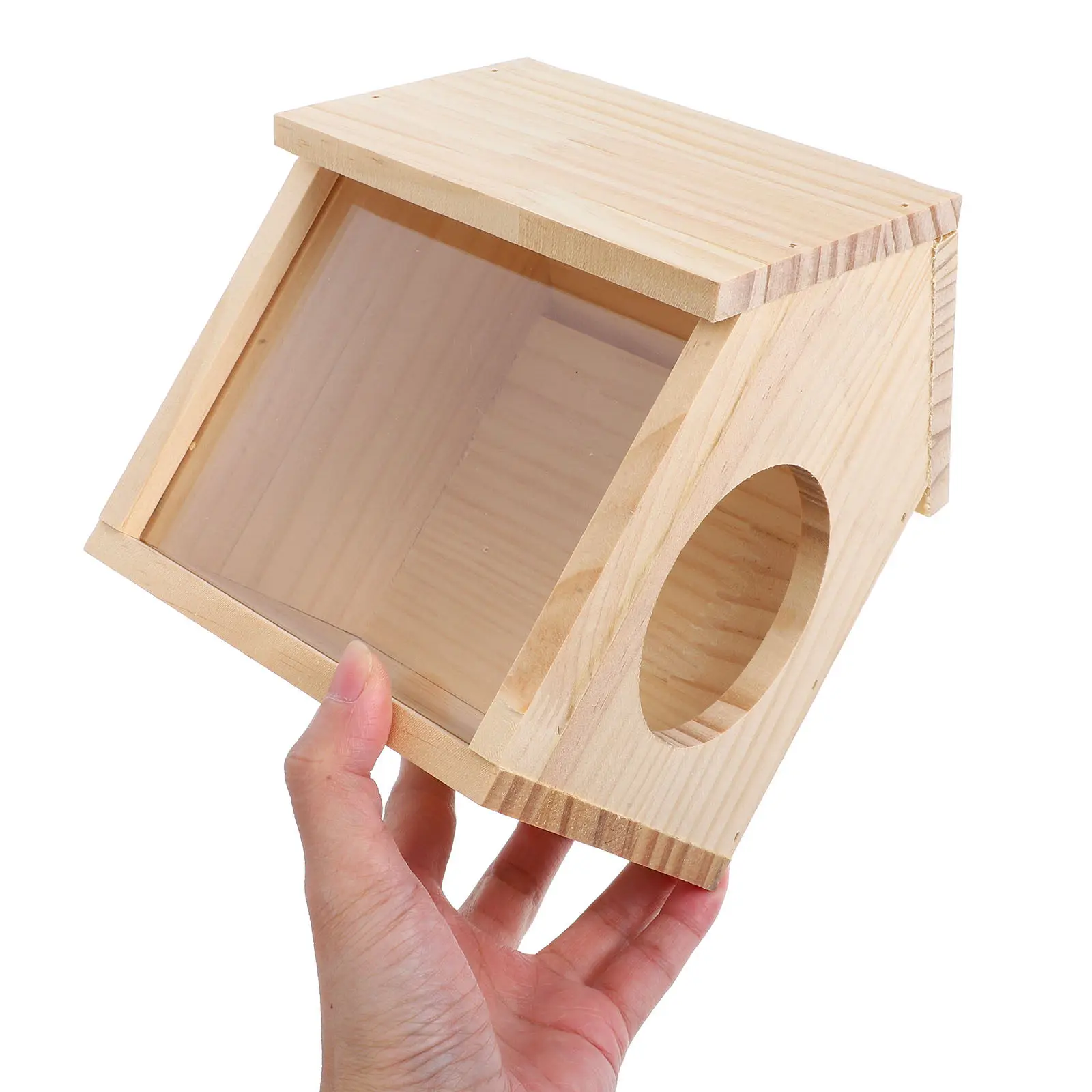 Wooden Hamster Hideout with Transparent Viewing Panel for Small Pets Natural Wood Safe Detachable Feeding Platform Hamster