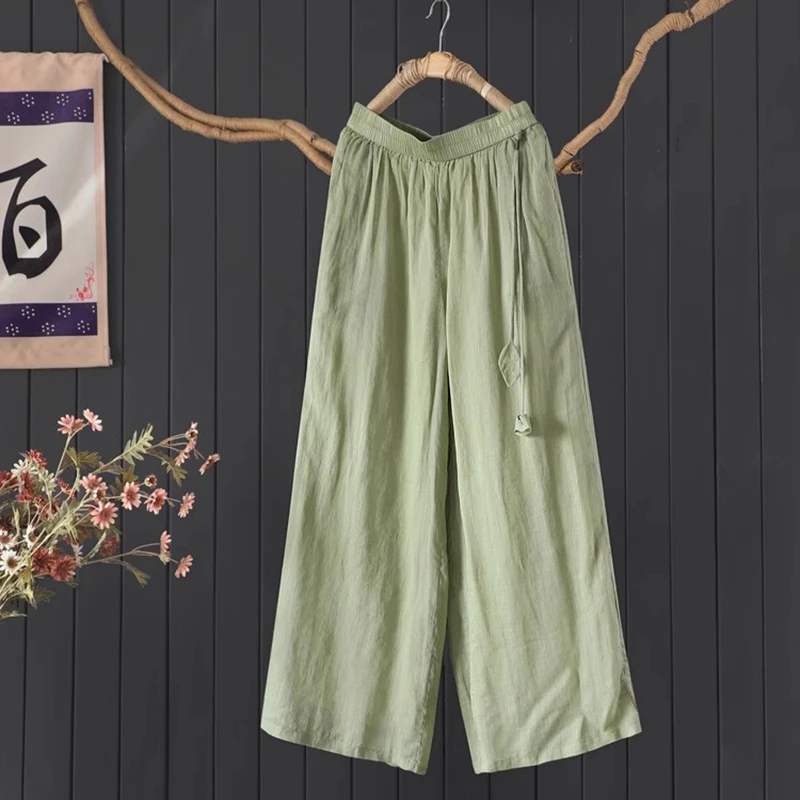 

100% Ramie, женские повседневные широкие брюки, Новое поступление, лето 2023, однотонные свободные удобные женские брюки с эластичной резинкой на талии M1731