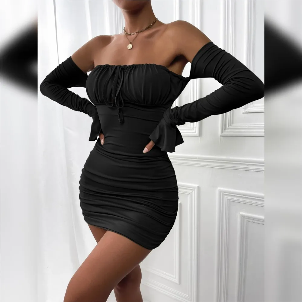 

Sexy Tube Top Lace Up Push Up Long Sleeve Mini Dress Trumpet Sleeve Bodycon Ruched Off Shoulder Pleated Wrap Chest Tight Dresses