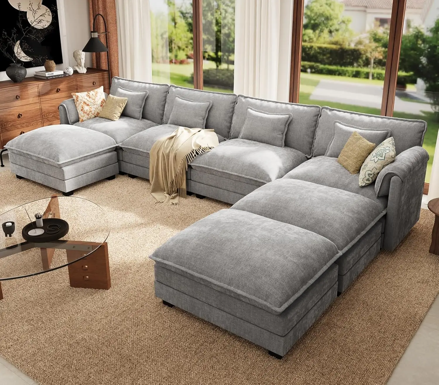 

150" U Shaped Cloud Couch Sectional, Comfy Cloud Modular Sofa with Movable Ottoman, 7-Seat Deep Seat Modern Cloud, Customized
